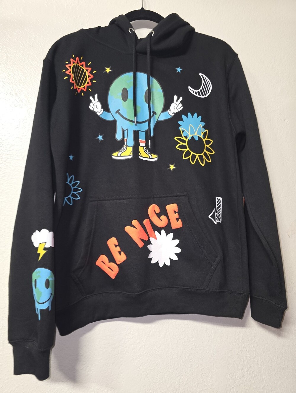 Eighty Eight Black Hoodie Sweater with Colorful Smiley & 'Be Nice' Graphics